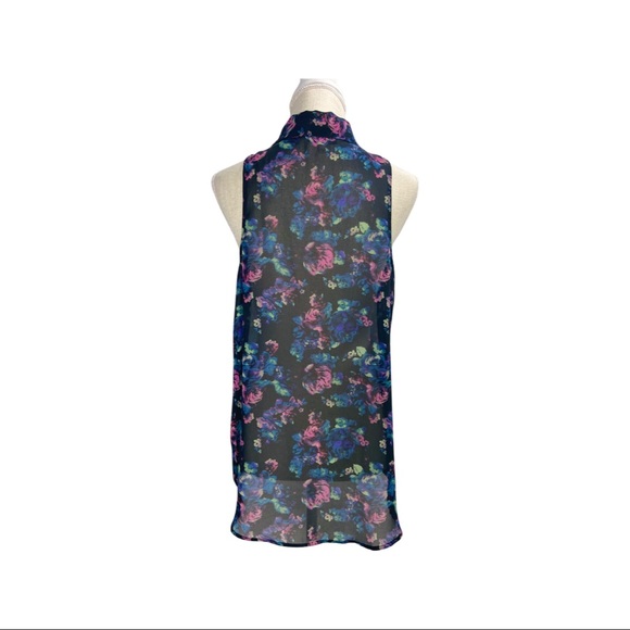 Dillard’s Chiffon Neon Floral Black Button-up Tank - Picture 2 of 2